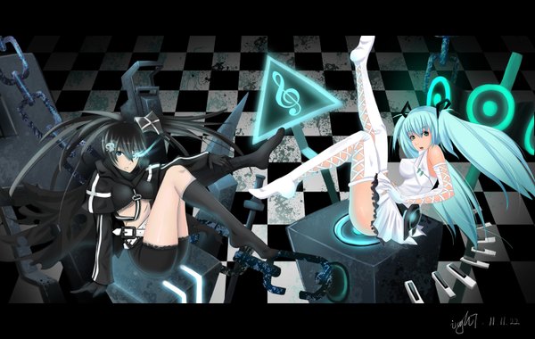 Anime picture 1500x950 with black rock shooter vocaloid hatsune miku black rock shooter (character) long hair looking at viewer open mouth blue eyes black hair twintails multiple girls barefoot aqua eyes aqua hair glowing glowing eye (eyes) crossover girl thighhighs dress