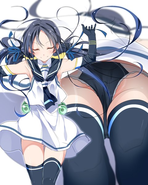 Anime picture 2048x2560 with kantai collection suzukaze destroyer mtu (orewamuzituda) single long hair tall image blush highres light erotic black hair simple background smile white background eyes closed from below armpit (armpits) lace-trimmed panties girl thighhighs gloves