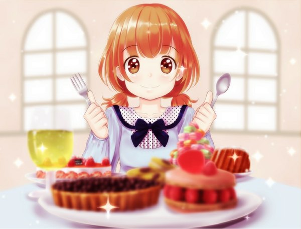 Anime picture 1023x779 with original alba (little witches) short hair smile brown eyes orange hair food sweets cake fork spoon