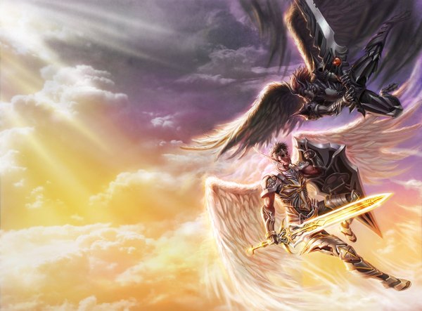 イラスト 1280x946 と chrisnfy85 短い髪 茶色の髪 空 cloud (clouds) sunlight realistic angel wings battle angel demon 男性 武器 剣 翼 鎧