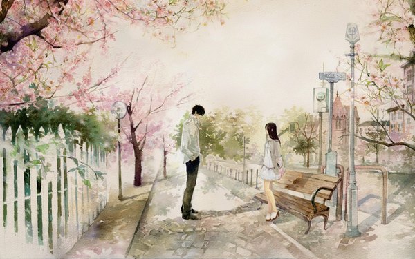 Anime picture 1615x1010 with he he wu long hair short hair black hair wide image standing profile couple cherry blossoms hands in pockets traditional media street girl boy plant (plants) tree (trees) lantern bench lamppost traffic sign