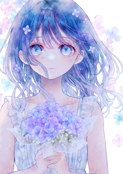 Anime picture 1210x1705 with original ginniroya single long hair tall image looking at viewer blue eyes signed blue hair upper body sleeveless twitter username girl flower (flowers) hydrangea