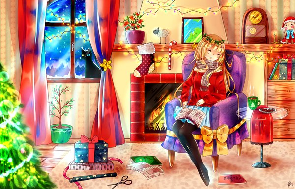 Anime picture 1000x643 with original yenkoes single long hair blonde hair sitting indoors eyes closed snowing christmas winter sleeping girl flower (flowers) bow plant (plants) pantyhose window scarf book (books)