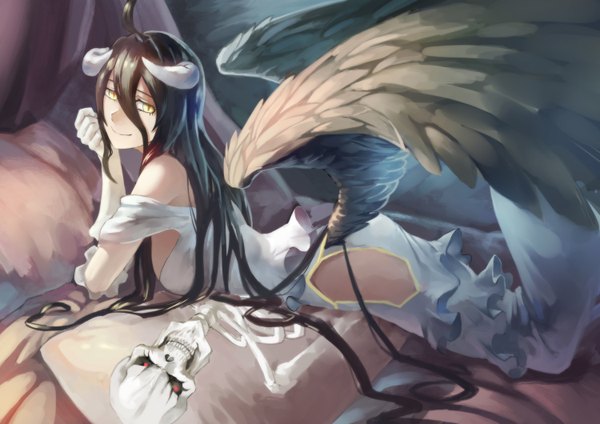Anime picture 1500x1060 with overlord (maruyama) madhouse albedo (overlord) azomo single long hair looking at viewer fringe light erotic black hair smile yellow eyes ahoge bent knee (knees) lying horn (horns) demon girl leg lift (legs lift) black wings demon wings