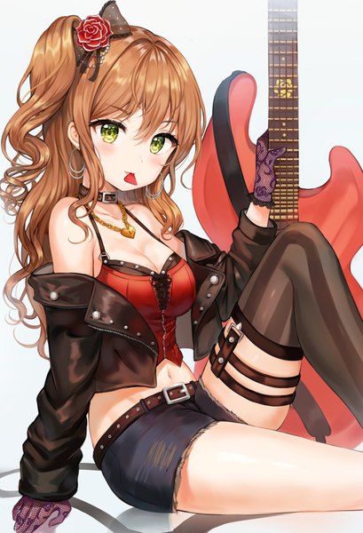 Anime picture 2298x3370 with bang dream! imai lisa tokkyu single long hair tall image looking at viewer blush fringe highres breasts simple background hair between eyes brown hair sitting bare shoulders holding green eyes payot cleavage