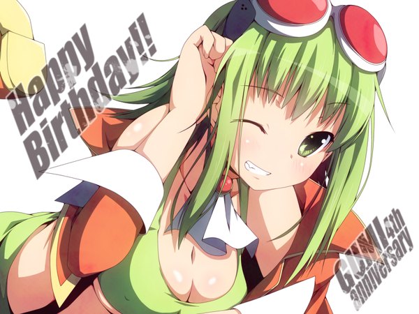 Anime picture 1600x1200 with vocaloid gumi yuzuki kei single looking at viewer blush short hair breasts light erotic smile bare shoulders green eyes cleavage one eye closed green hair wink happy birthday goggles on head girl goggles