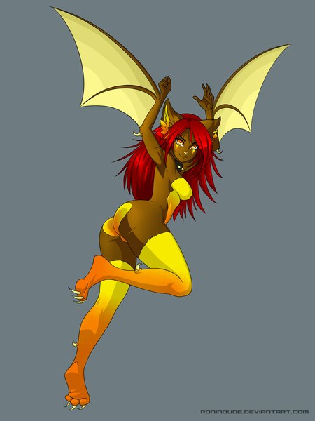 Anime picture 3000x4000 with ronin dude (ray cornwell) single long hair tall image looking at viewer highres light erotic simple background animal ears red hair grey background orange eyes dark skin :3 monster girl girl wings collar