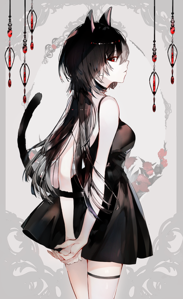 Anime picture 921x1500 with original naru (ul) single long hair tall image looking at viewer fringe breasts black hair simple background red eyes standing animal ears tail animal tail profile cat ears cat girl cat tail sleeveless