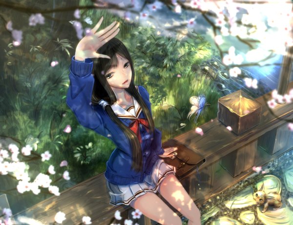 Anime picture 1300x1000 with original kikivi single long hair looking at viewer open mouth blue eyes black hair sitting cherry blossoms river girl skirt uniform flower (flowers) plant (plants) school uniform animal petals tree (trees)