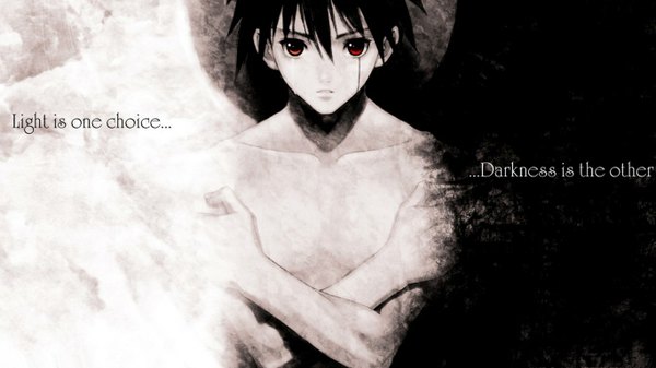 Anime picture 1366x768 with shining (series) shining tears xion magus tony taka single looking at viewer short hair black hair red eyes wide image inscription tears crossed arms third-party edit cropped shirtless bloody tears boy wings