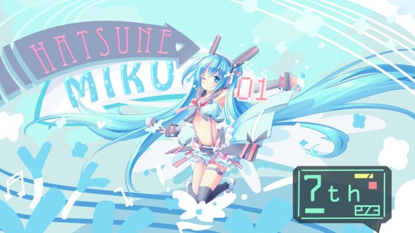 Anime picture 3400x1912 with vocaloid hatsune miku 273akatsuki single looking at viewer blush highres blue eyes smile wide image twintails blue hair very long hair one eye closed wink girl skirt hair ornament detached sleeves miniskirt