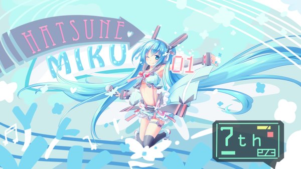 イラスト 3400x1912 と ボーカロイド 初音ミク 273akatsuki ソロ カメラ目線 赤面 highres 青い目 笑顔 wide image ツインテール 青い髪 very long hair one eye closed ウィンク 女の子 スカート 髪飾り 袖だけ ミニスカート