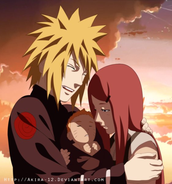 Anime picture 1400x1494 with naruto studio pierrot naruto (series) uzumaki naruto namikaze minato uzumaki kushina akira-12 long hair tall image short hair open mouth blonde hair smile sky cloud (clouds) red hair eyes closed pink eyes sunlight hug