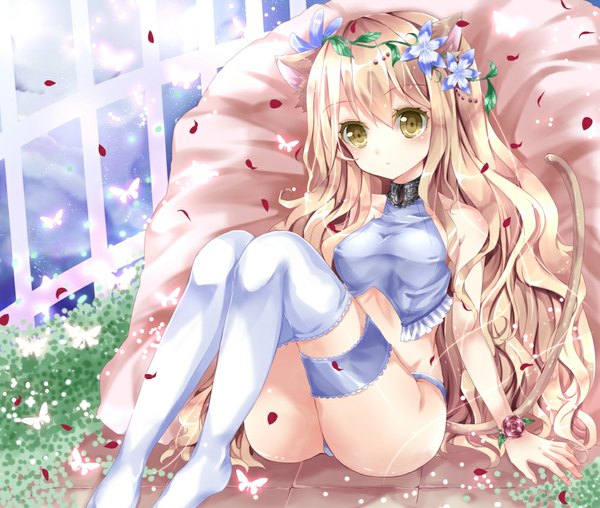 Anime picture 1000x848 with original nanase nao single long hair blush light erotic blonde hair sitting bare shoulders animal ears yellow eyes hair flower cat ears cat girl cat tail girl thighhighs hair ornament flower (flowers) petals