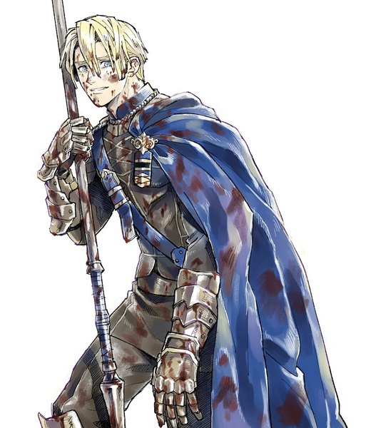 Anime picture 1027x1200 with fire emblem fire emblem: three houses nintendo dimitri alexandre blaiddyd onagachan single tall image looking at viewer short hair blue eyes simple background blonde hair standing white background parted lips blood on face bloody clothes bloody weapon boy weapon