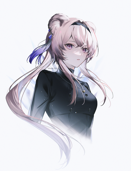 Anime picture 2727x3555 with arknights lin yuhsia (arknights) umeno shii single long hair tall image fringe highres simple background hair between eyes white background purple eyes animal ears upper body grey hair mouse ears girl headband