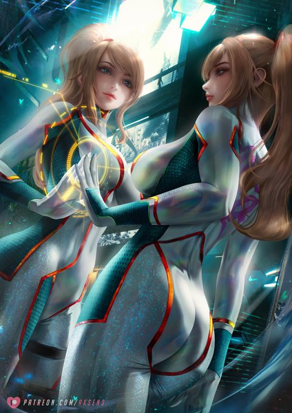 Anime picture 3532x5000 with metroid metroid dread samus aran axsen single long hair tall image blush fringe highres breasts blue eyes light erotic blonde hair large breasts standing payot looking away absurdres ass