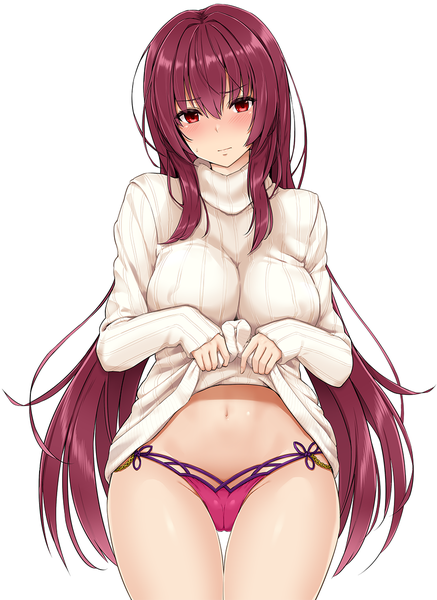 Anime picture 893x1225 with fate (series) fate/grand order scathach (fate) (all) scathach (swimsuit assassin) (fate) mitsukazu (nijigen complex) single long hair tall image looking at viewer blush fringe breasts light erotic simple background hair between eyes red eyes large breasts standing white background payot