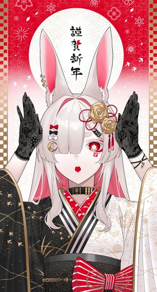 Anime picture 3500x6492 with original gfpebs single long hair tall image fringe highres open mouth red eyes animal ears absurdres silver hair upper body traditional clothes japanese clothes multicolored hair hair over one eye :o bunny ears symbol-shaped pupils