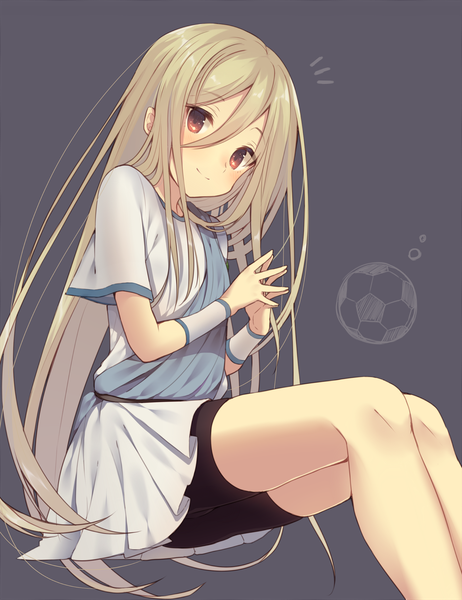 Anime picture 1386x1800 with inazuma eleven inazuma eleven go afuro terumi usamata single long hair tall image looking at viewer blush fringe blonde hair simple background smile hair between eyes brown eyes bent knee (knees) grey background short sleeves androgynous fingers together