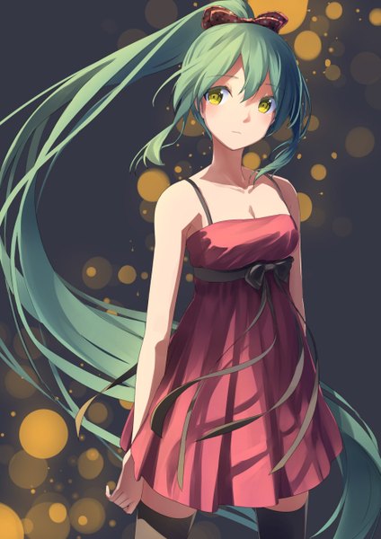 Anime picture 955x1350 with original touboku single long hair tall image looking at viewer blush bare shoulders green eyes ponytail green hair girl thighhighs dress black thighhighs sundress