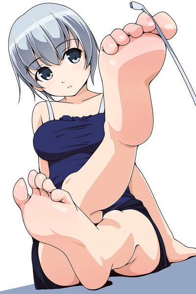 Anime picture 800x1200 with original matsunaga kouyou single tall image looking at viewer short hair open mouth blue eyes light erotic white background silver hair barefoot bare legs legs girl toes