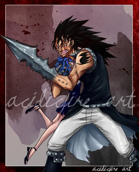 Anime picture 1024x1273 with fairy tail gajeel redfox levy mcgarden acidic-fire long hair tall image short hair open mouth black hair simple background brown eyes yellow eyes blue hair tattoo piercing magic framed girl dress boy