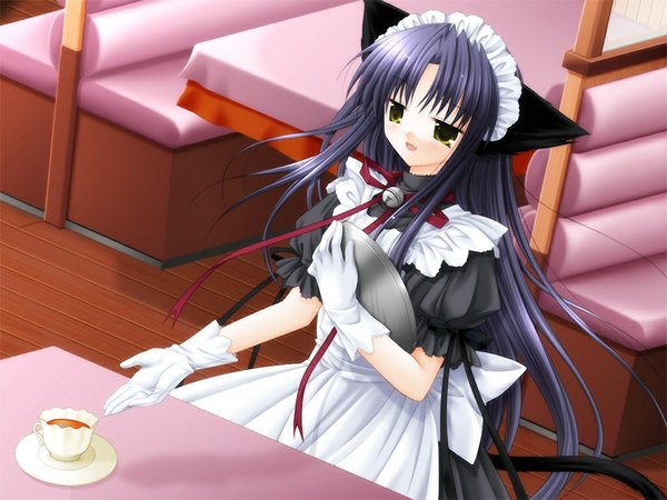 Anime picture 1024x768 with pure pure tobari black hair yellow eyes game cg maid cat girl girl