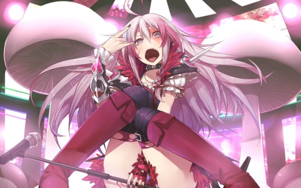Anime picture 1200x750 with vocaloid ia (vocaloid) hitoto single long hair looking at viewer fringe open mouth wide image sitting purple eyes holding pink hair braid (braids) nail polish fingernails twin braids girl thighhighs ribbon (ribbons)