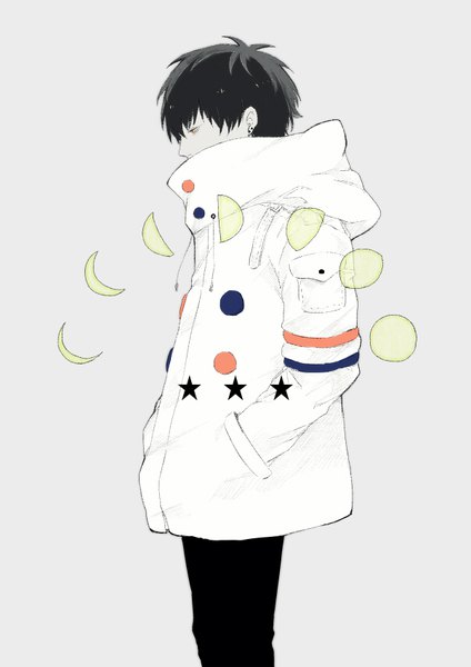 Anime picture 601x850 with original meiya1230 single tall image short hair black hair simple background standing looking away profile grey background hands in pockets boy jacket star (symbol) moon (symbol)