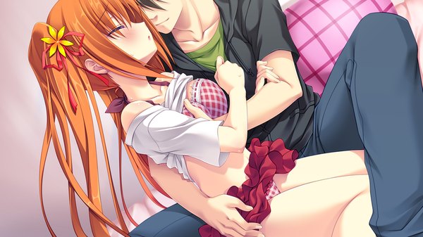 Anime picture 1024x576 with lovely quest watanabe mayumi long hair blush light erotic wide image twintails game cg eyes closed orange hair breast grab halterneck girl boy skirt ribbon (ribbons) hair ribbon miniskirt