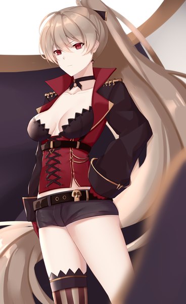 Anime picture 1400x2285 with azur lane jean bart (azur lane) eternity (shadeh) single tall image looking at viewer fringe breasts light erotic simple background hair between eyes red eyes brown hair standing ahoge ponytail long sleeves very long hair lacing girl