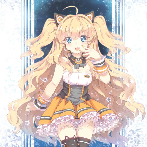 Anime-Bild 2480x2480 mit vocaloid seeu north abyssor single long hair blush highres open mouth blue eyes blonde hair ahoge symbol-shaped pupils girl thighhighs dress black thighhighs star (symbol)