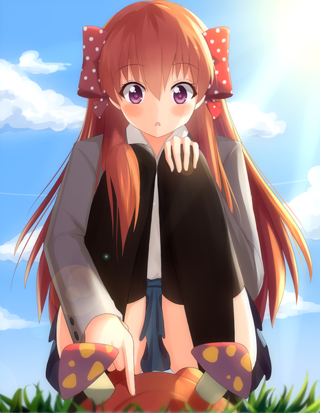 Anime picture 2100x2700 with gekkan shoujo nozaki-kun doga kobo sakura chiyo onamae-kun single long hair tall image blush highres light erotic sky cloud (clouds) parted lips pleated skirt pink eyes sunlight orange hair :o pantyshot squat