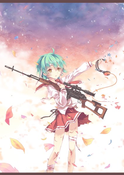 Anime picture 1240x1754 with hidan no aria reki (hidan no aria) north abyssor single tall image short hair open mouth yellow eyes pleated skirt green hair tears torn clothes injury girl skirt weapon school uniform petals headphones gun