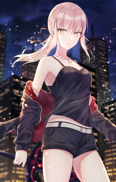 Anime picture 1000x1556 with fate (series) fate/grand order artoria pendragon (all) saber alter meltymaple single long hair tall image looking at viewer fringe blonde hair hair between eyes bare shoulders holding yellow eyes payot outdoors off shoulder night open jacket