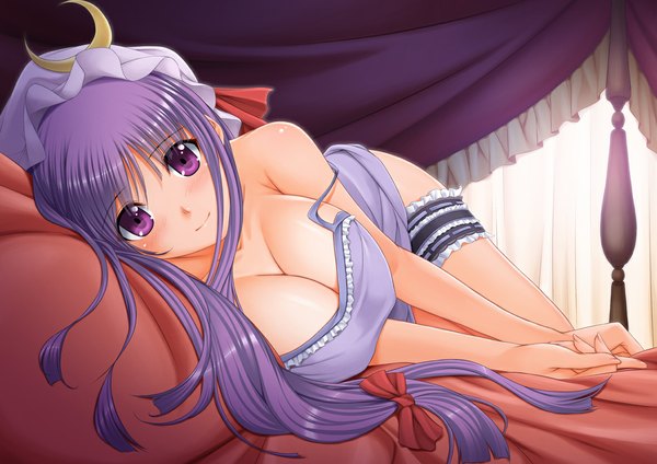 Anime picture 1184x837 with touhou patchouli knowledge chiro (pixiv) single long hair looking at viewer blush breasts light erotic large breasts purple eyes cleavage purple hair lying crescent girl frills bonnet