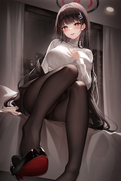 Anime picture 1200x1795 with blue archive rio (blue archive) kuca (ku ca18) single long hair tall image looking at viewer blush fringe breasts light erotic black hair red eyes large breasts sitting bent knee (knees) indoors blunt bangs long sleeves night