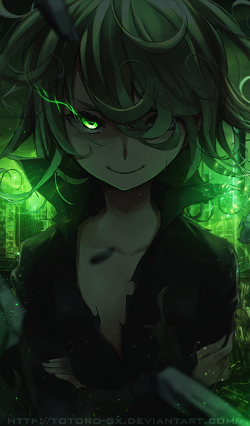 Anime picture 500x850 with one-punch man madhouse tatsumaki totoro-gx single tall image looking at viewer fringe smile green eyes green hair hair over one eye crossed arms eyebrows smirk girl