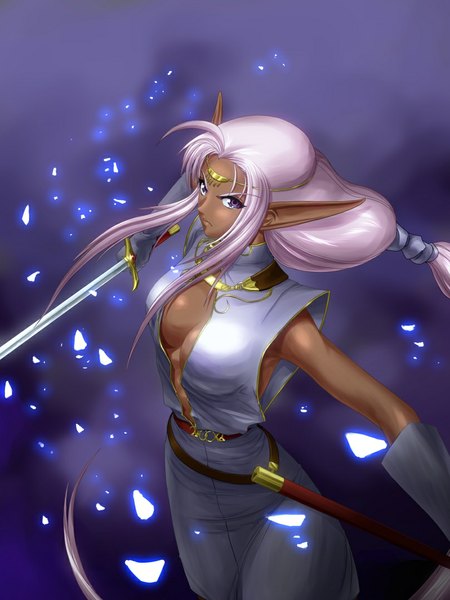 Anime picture 809x1079 with record of lodoss war pirotess awachitose single long hair tall image looking at viewer breasts light erotic simple background purple eyes cleavage purple hair ahoge from above pointy ears dark skin elf dark elf girl