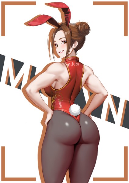 Anime picture 1190x1684 with original lyn (jubi) jubi (regiana) single tall image looking at viewer short hair breasts light erotic simple background smile brown hair large breasts white background brown eyes signed animal ears ass tail animal tail