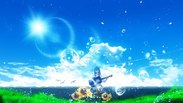 Anime picture 2560x1440 with original y y (ysk ygc) single long hair highres wide image sitting blue hair sky cloud (clouds) eyes closed wallpaper lens flare landscape girl dress flower (flowers) plant (plants) animal petals
