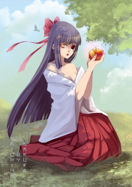 Anime picture 1131x1600 with original yaichino (artist) single long hair tall image bare shoulders purple hair japanese clothes heterochromia kneeling hieroglyph girl hair ornament bow plant (plants) hair bow animal tree (trees) bird (birds) bobby pin