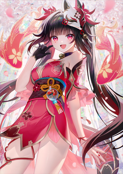 Anime picture 1042x1473 with honkai: star rail honkai (series) sparkle (honkai: star rail) oli single long hair tall image looking at viewer fringe open mouth brown hair twintails payot blunt bangs :d pink eyes from below mask on head girl animal