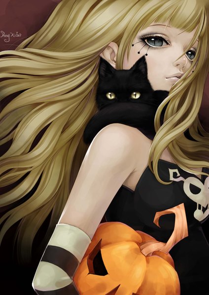 Anime picture 2480x3508 with original dong xiao single long hair tall image looking at viewer highres blonde hair bare shoulders inscription eyeshadow face paint animal eyes girl animal cat vegetables pumpkin