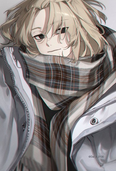 Anime picture 1394x2048 with tokyo revengers sano manjirou dal li 0130 single tall image looking at viewer short hair blonde hair signed upper body light smile black eyes open jacket twitter username boy jacket scarf plaid scarf