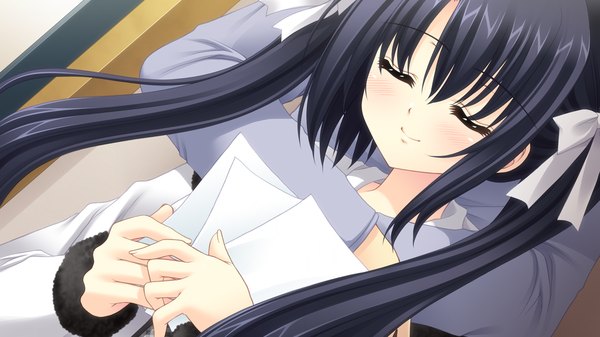 Anime picture 1280x720 with world wide love! (game) long hair black hair wide image twintails game cg eyes closed girl