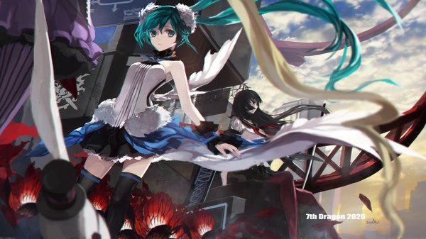 Anime picture 1888x1062 with 7th dragon 2020 vocaloid hatsune miku swd3e2 long hair looking at viewer highres blue eyes black hair wide image sitting twintails multiple girls sky cloud (clouds) very long hair aqua hair inscription girl skirt