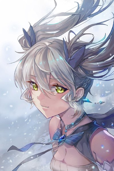 Anime picture 700x1051 with original samu (a117216) single long hair tall image looking at viewer blush fringe smile hair between eyes twintails bare shoulders green eyes payot silver hair upper body wind snowing snow exhalation