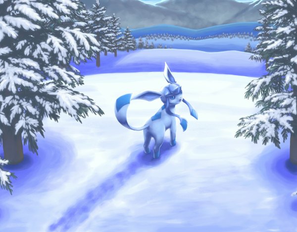 Anime picture 1280x1000 with pokemon nintendo glaceon looking back winter snow mountain no people landscape gen 4 pokemon plant (plants) animal tree (trees) pokemon (creature)